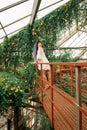 A lonely beautiful girl with multi-colored dreadlocks in a white dress stands on a red stairs in an arch of flowers. Greenhouse