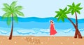 Lonely beautiful girl in a red dress walks along the sea or ocean young woman character walking at sand, holiday travel