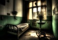 Lonely bed in old gloomy hospital ward in light pastel colors. AI Generated Royalty Free Stock Photo