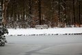 Single bench in the snow next to a lake Royalty Free Stock Photo