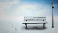 Lonely Bench and Foot Prints in a Snowstorm