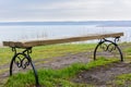 Lonely bench installed on the high mountain of the city Tetyushi. Observation deck with a magnificent view of the Volga. Beautiful