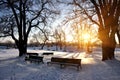 Lonely benches covered in deep snow