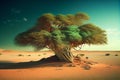 A lonely big green tree grows in the middle of the desert. AI generated Royalty Free Stock Photo