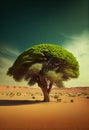 A lonely big green tree grows in the middle of the desert. AI generated Royalty Free Stock Photo