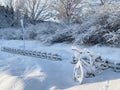 a lonely bike covered with snow on a cycle station in the evening Royalty Free Stock Photo