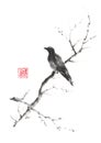 Lonely bird Japanese style original sumi-e ink painting.