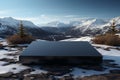 Lonely black stone slab, stands alone on snowy white expanse, minimalist elegance