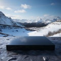 Lonely black stone slab, stands alone on snowy white expanse, minimalist elegance