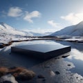 Lonely black stone slab, stands alone on snowy white expanse, minimalist elegance