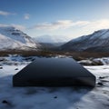 Lonely black stone slab, stands alone on snowy white expanse, minimalist elegance