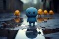 Lonely blue toy mirrors a somber emotion amid rainy surroundings