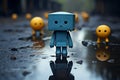 Lonely blue toy mirrors a somber emotion amid rainy surroundings