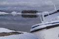 Lonely boat on the beautiful lake and one small island