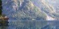 Lonely boat house at lake plansee with silent fall mood