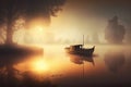 A lonely boat near the shore of a beautiful lake. A bridge on an island.