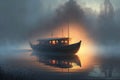 A lonely boat near the shore of a beautiful lake. A bridge on an island.