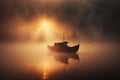 A lonely boat near the shore of a beautiful lake. A bridge on an island.