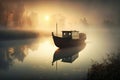 A lonely boat near the shore of a beautiful lake. A bridge on an island.