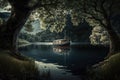 A lonely boat near the shore of a beautiful lake. A bridge on an island.