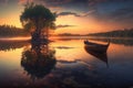 A lonely boat near the shore of a beautiful lake at evening sunset. Royalty Free Stock Photo