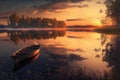 A lonely boat near the shore of a beautiful lake at evening sunset. Royalty Free Stock Photo