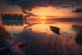 A lonely boat near the shore of a beautiful lake at evening sunset. Royalty Free Stock Photo