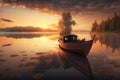 A lonely boat near the shore of a beautiful lake at evening sunset. Royalty Free Stock Photo