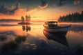 A lonely boat near the shore of a beautiful lake at evening sunset. Royalty Free Stock Photo