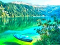 Lonely boat in a quiet bay with crystal clear water of a mountain lake