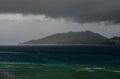 Lonely boat in the storm. Coast line and black clouds in the background