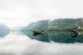 lonely boats calm lake with misty mountain background. High quality photo