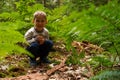 Lonely boy sitting in the woods, lost sad child. Selective focus. Royalty Free Stock Photo