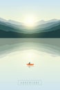 Lonely canoeing adventure boat at sunrise by the lake on mountain nature landscape Royalty Free Stock Photo