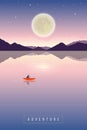 Lonely canoeing adventure with orange boat at night with full moon romantic landscape Royalty Free Stock Photo