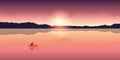 Lonely canoeing adventure with orange boat at sunrise on the lake Royalty Free Stock Photo