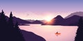 Lonely canoeing adventure with orange boat at sunrise on the lake Royalty Free Stock Photo