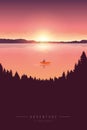 Lonely canoeing adventure with orange boat at sunrise on the lake Royalty Free Stock Photo