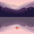 Lonely canoeing adventure with orange boat at sunrise on the lake Royalty Free Stock Photo