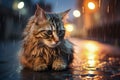 Lonely Cat During Rain Outside