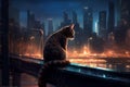 lonely Cat sit under rain on rainy street wet asphalt car traffic evening light big city houses