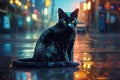 lonely Cat sit under rain on rainy street wet asphalt car traffic evening light big city houses