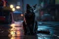 lonely Cat sit under rain on rainy street wet asphalt car traffic evening light big city houses