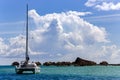 Lonely catamaran in the turquoise lagoon