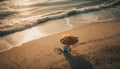 Lonely chair awaits romantic sunset on beach generated by AI