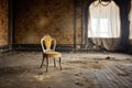 a lonely chair in a desolate, dust-covered ballroom