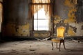 a lonely chair in a desolate, dust-covered ballroom