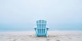Lonely chair on white sand of tranquil beach of sea covered with mist. Generative AI