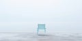 Lonely chair on white sand of tranquil beach of sea covered with mist. Generative AI