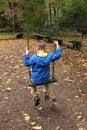 Lonely child in a blue jacket sits on a swing in a park in an autumn park, the concept of loneliness